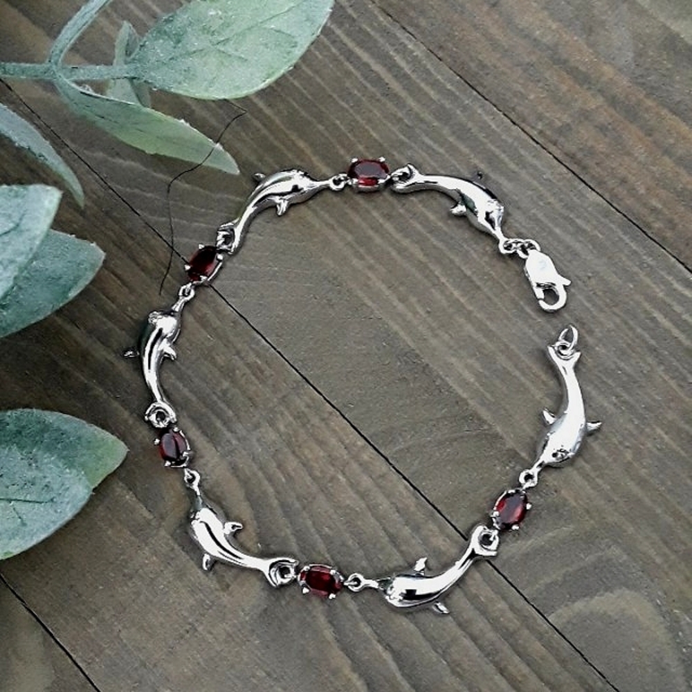 Dolphin Bracelet with Garnet Birthstone